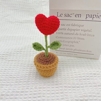 Ajándék lányoknak kézzel kötött napraforgó tulipán rózsa horgolt virágok cserepes növények kész szövött művirág asztali dekoráció