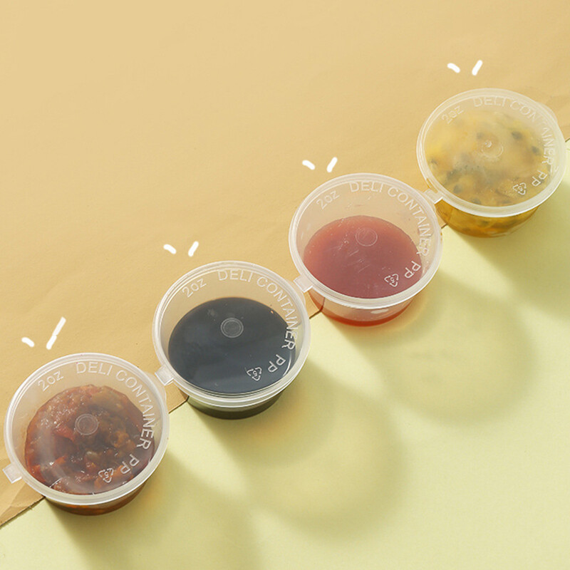 50 vnt. plastikiniai padažų stiklainiai su dangteliais Maisto padažo puodelis vienkartinės sandarios pakuotės salotų padažai, prieskoniai suflė