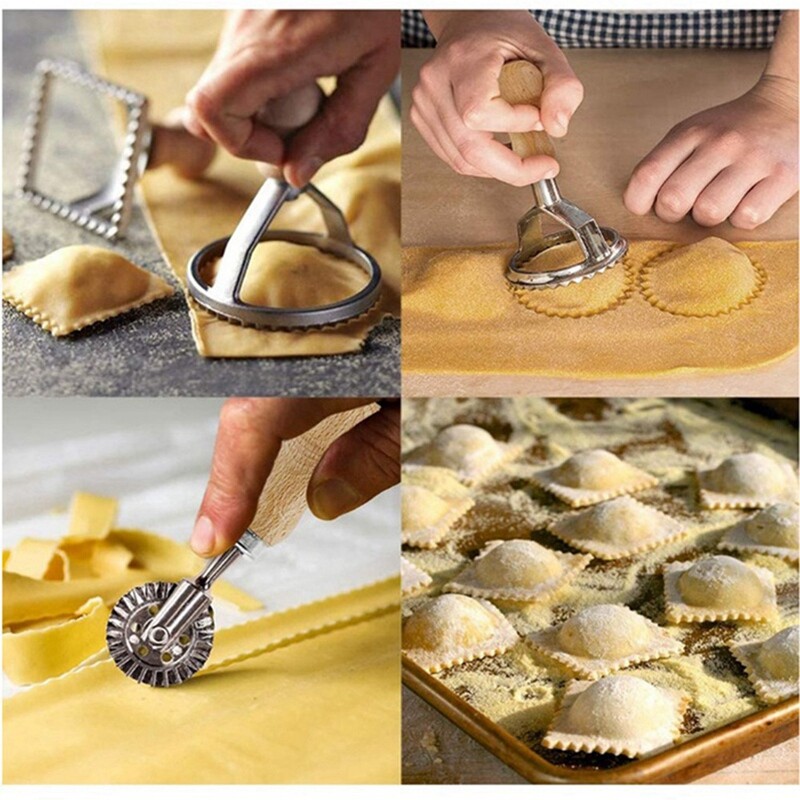 „Ravioli“ makaronų pjaustytuvų rinkinys, „Ravioli“ antspaudų gaminimo mašina su medine rankena, skirta „Ravioli“, makaronams, koldūnams lazanija, „Pierogi“