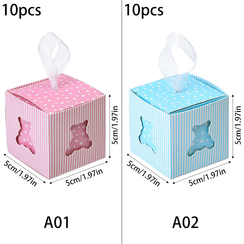 10 vnt. Pink Blue Bear saldainių dėžutės su kaspinėlio rankenėle. Kūdikių mergaičių ir berniukų lytį atskleidžiančios vakarėlio naujagimio vakarėlio malonės dėžutės