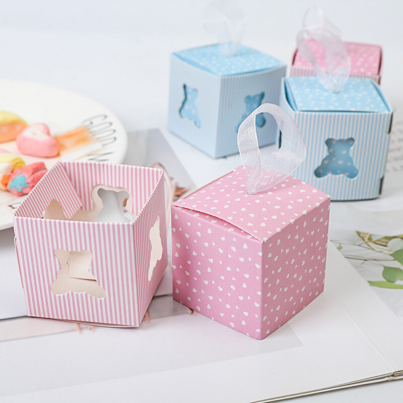 10 vnt. Pink Blue Bear saldainių dėžutės su kaspinėlio rankenėle. Kūdikių mergaičių ir berniukų lytį atskleidžiančios vakarėlio naujagimio vakarėlio malonės dėžutės