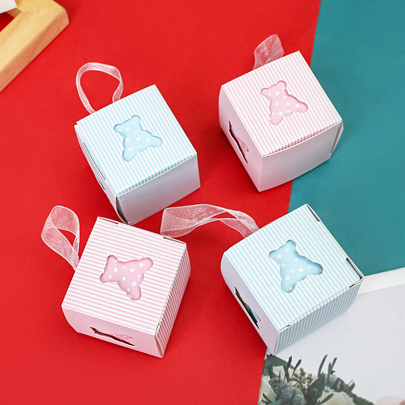 10 vnt. Pink Blue Bear saldainių dėžutės su kaspinėlio rankenėle. Kūdikių mergaičių ir berniukų lytį atskleidžiančios vakarėlio naujagimio vakarėlio malonės dėžutės