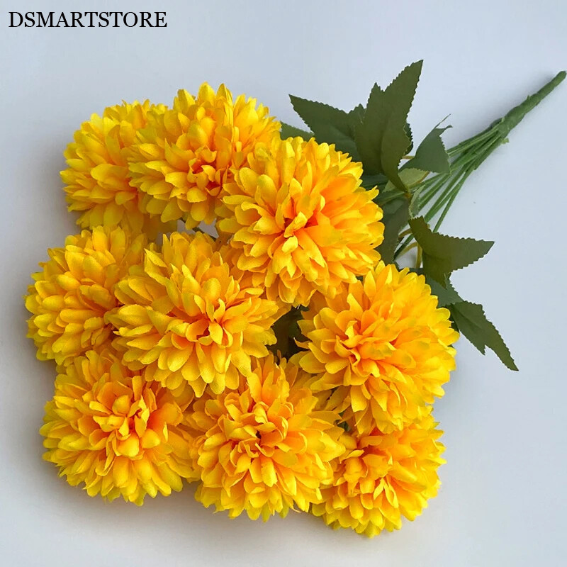 9 hláv umelých kvetov, guľa, chryzantéma, hortenzia, zelená rastlina, svadobná kytica, DIY domáci halloweensky stôl, dekorácia do centra