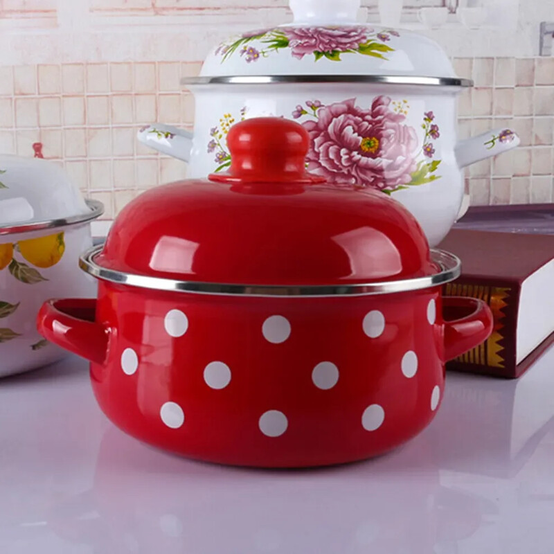 16/18/20CM Pjegavi lonac s duplim ušima Porculanska emajlirana zdjela za juhu s poklopcem Zdjela za instant rezance Indukcijski lonac za kuhanje