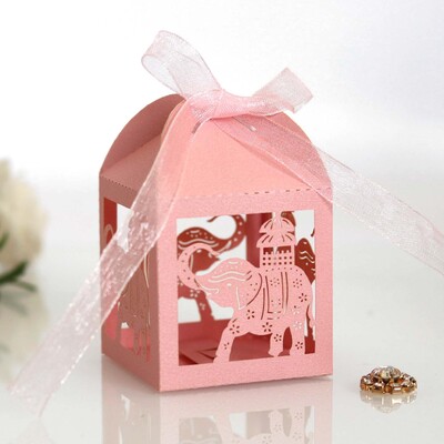 10 vnt Baby Shower dovanų dėžutė Dramblio rožinė mėlyna lazeriu iškirpta tuščiavidurė naujagimio saldainių dėžutė su kaspinu Lytis atskleisti kūdikio dušo dekorą Cou