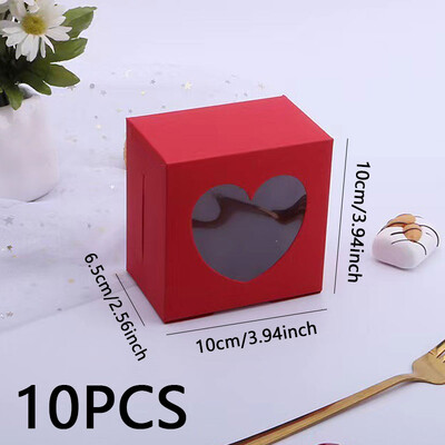 10 buc. Cutii cadou cu fereastră în formă de inimă, roz/roșu, 3,94*3,94*2,56 inci, recipiente de hârtie pentru bomboane și bomboane de petrecere