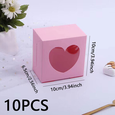 10 buc. Cutii cadou cu fereastră în formă de inimă, roz/roșu, 3,94*3,94*2,56 inci, recipiente de hârtie pentru bomboane și bomboane de petrecere