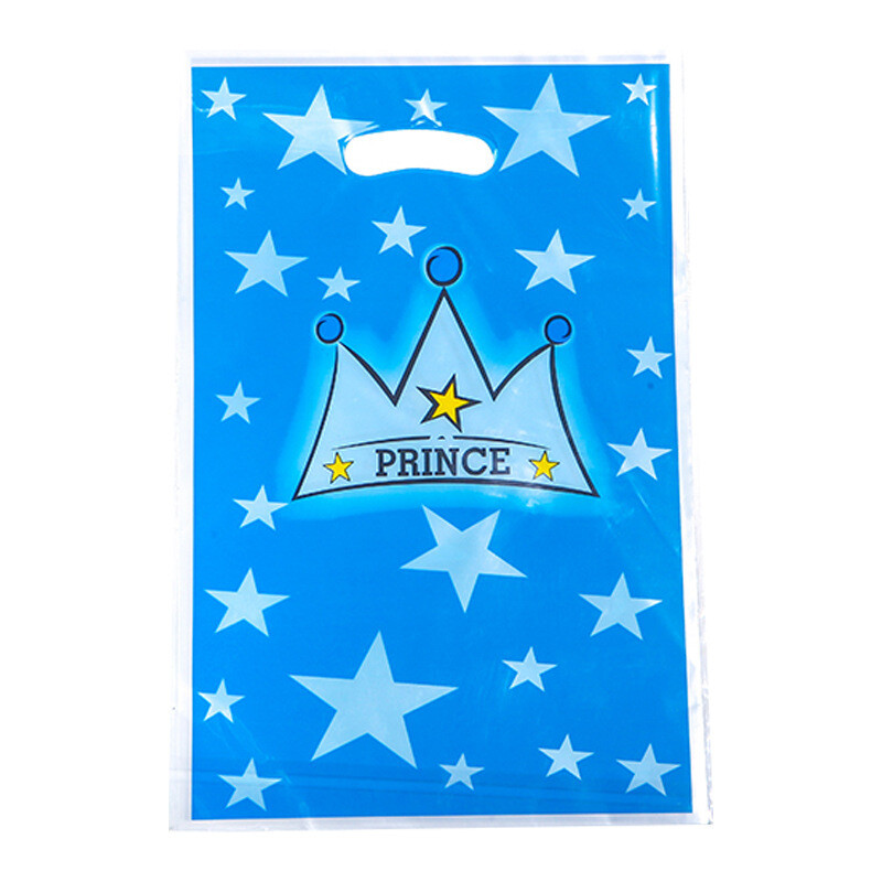 10 бр./лот Baby Shower Party Kids Favors Prince Princess Blue Pink Crown Theme Пластмасови чанти за плячка Чанти за подаръци за рожден ден Украса