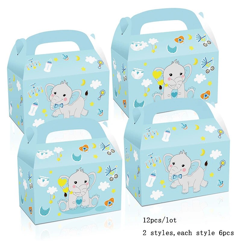 12Pc/lot Прекрасно слонче Кутия за бонбони Кутия за подарък слон Преносима кутия за бисквити за рожден ден на бебе Консумативи за бебешко шоу декор