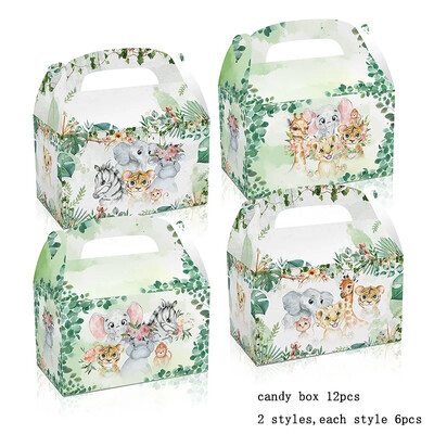 12db/tétel Lovely Wild animal cukorka doboz Szarvas mintás/Leopárd díszdoboz Fox/Bear kekszes doboz gyerekeknek születésnapi parti kellékek