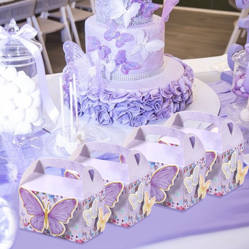 4 бр. Кутия за подаръци с бонбони с пеперуди Розова лилава пеперуда Декорации за парти за рожден ден Детски сватбени принадлежности Кутия за подарък за бебешки бисквитки