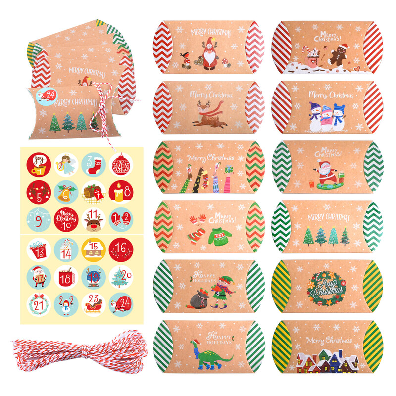 24 части Партидна коледна кутия за бонбони Форма на възглавница Крафт хартия Кутия за празничен подарък Коледна украса Направи си сам