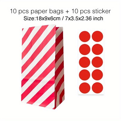 10 gab. Krāsaini, stingru svītru un punktveida stāvmaisi ar uzlīmēm - 18x9x6cm Favor dāvanu iesaiņojuma kārumu maisiņi kāzām