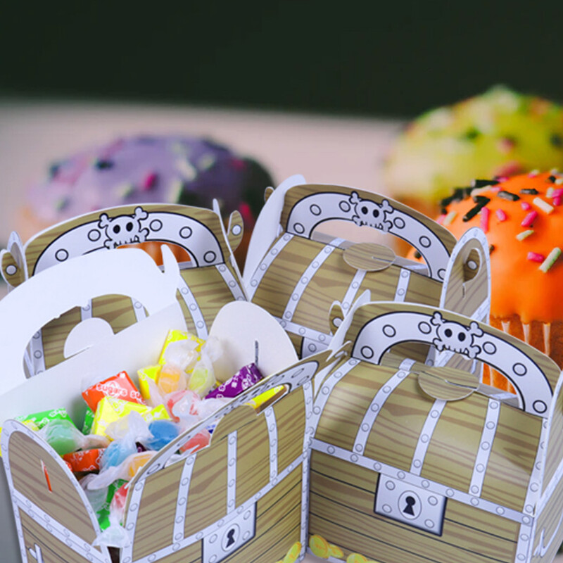6/12 бр. Pirate Treasure Treat Chest Хартиена подаръчна кутия за бонбони Детски консумативи за Хелоуин парти Декорация за рожден ден с пиратска тематика