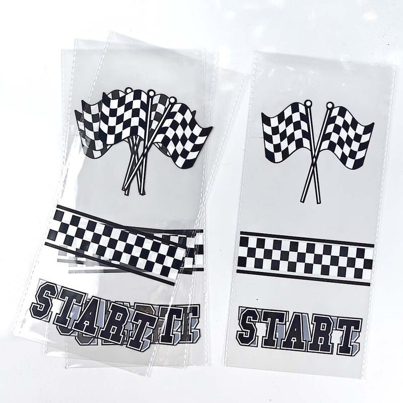 Подаръчна чанта на тема състезателна кола Мотоциклетно лакомство Чанти за бонбони Карирани черно-бели състезателни найлонови торбички Сувенири за парти за рожден ден на деца