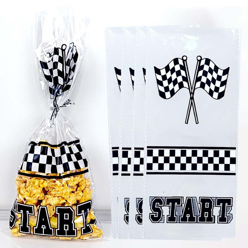 Подаръчна чанта на тема състезателна кола Мотоциклетно лакомство Чанти за бонбони Карирани черно-бели състезателни найлонови торбички Сувенири за парти за рожден ден на деца