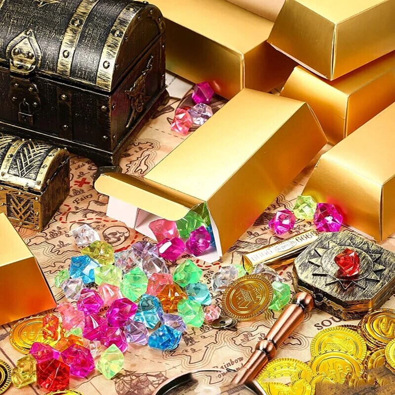 10 buc. Cutie de cadou cu lingouri de aur cu tema pirat, folie de aur, comori, cutii de hârtie, cutii de ciocolată, bomboane de ciocolată, cutie de ambalare pentru copii, decor pentru ziua de naștere