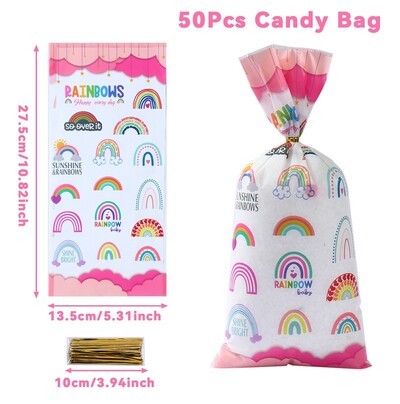 50gab Boho Rainbow Celofāna maisiņi Dāvanu maisiņi Varavīksnes dzimšanas dienas svinību rotājumi Dāvanu konfekšu maisiņi Bērnu dušas ballīšu piederumi