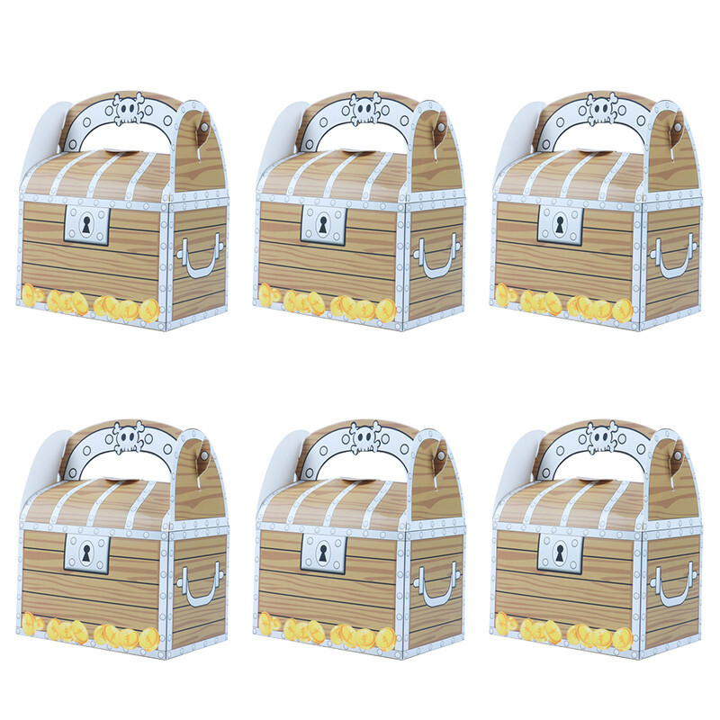 6 бр. Pirate Treasure Treat Chest Хартиена подаръчна кутия за бонбони Детски трикове или лакомства Консумативи за парти за Хелоуин Пиратски тематичен декор за рожден ден