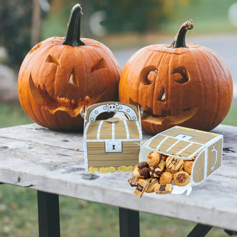 6 бр. Pirate Treasure Treat Chest Хартиена подаръчна кутия за бонбони Детски трикове или лакомства Консумативи за парти за Хелоуин Пиратски тематичен декор за рожден ден
