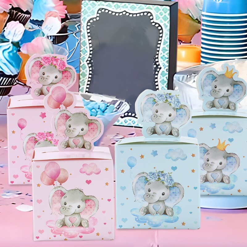 24Pcs Baby Elephant Favor Box for Kids Birthday Party Сини розови кутии за подаръци за бонбони Treat Kids Birthday Favors Baby Shower Decor
