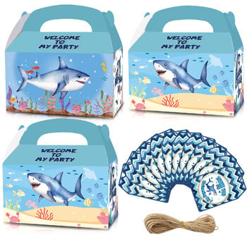 12 ΤΕΜ., Μπομπονιέρα για πάρτι Blue Little Shark Goodie Boxes με ευχαριστήρια κάρτες, Ακουαρέλα Swimming Shark Birthday Treat Candy Boxes