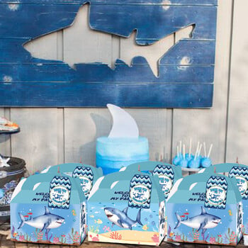 12 ΤΕΜ., Μπομπονιέρα για πάρτι Blue Little Shark Goodie Boxes με ευχαριστήρια κάρτες, Ακουαρέλα Swimming Shark Birthday Treat Candy Boxes