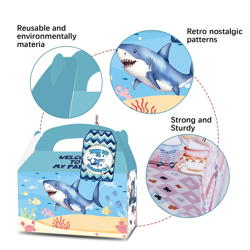 12 bucăți, cutii de bomboane pentru bomboane de petrecere cu rechin albastru, cu felicitări de mulțumire, cutii de cadou cu bomboane pentru rechin de înot în acuarelă