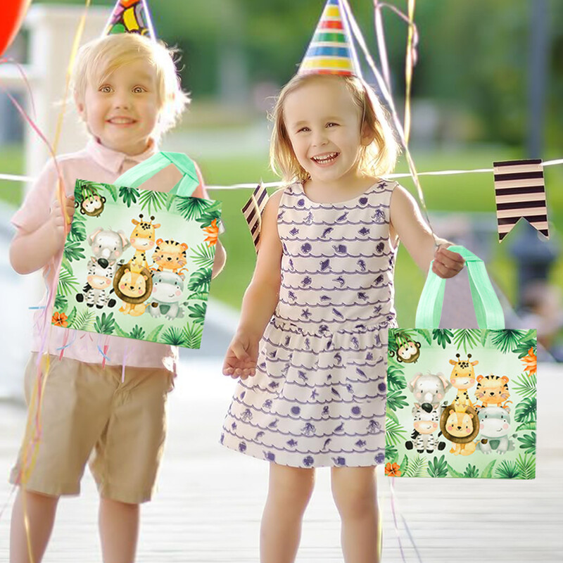 Saci cadou nețesute cu animale din junglă, favoruri de petrecere cu tema junglă, geantă portabilă pentru pachet de bomboane pentru copii, decorațiuni pentru petrecerea de naștere.