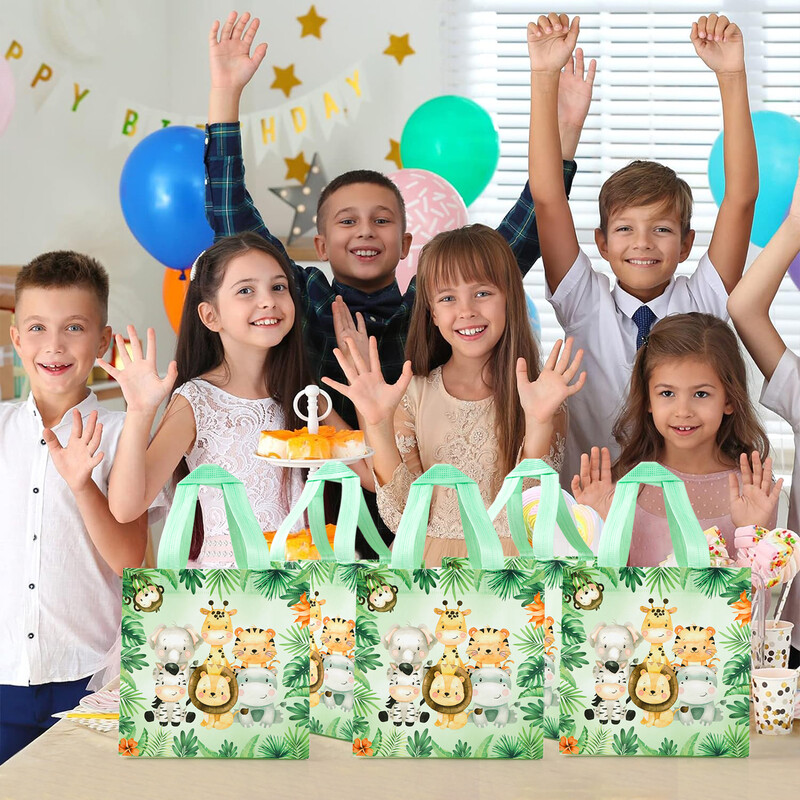 Saci cadou nețesute cu animale din junglă, favoruri de petrecere cu tema junglă, geantă portabilă pentru pachet de bomboane pentru copii, decorațiuni pentru petrecerea de naștere.