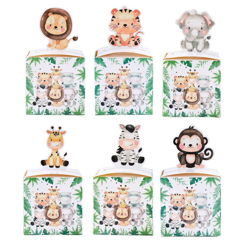 24 de bucăți Jungle Safari Animale Cutii de bomboane Decoratiuni pentru petrecerea de aniversare Cutie de ambalaj pentru cadouri pentru copii Wild One Cutie de cadouri pentru Baby Shower Geanta