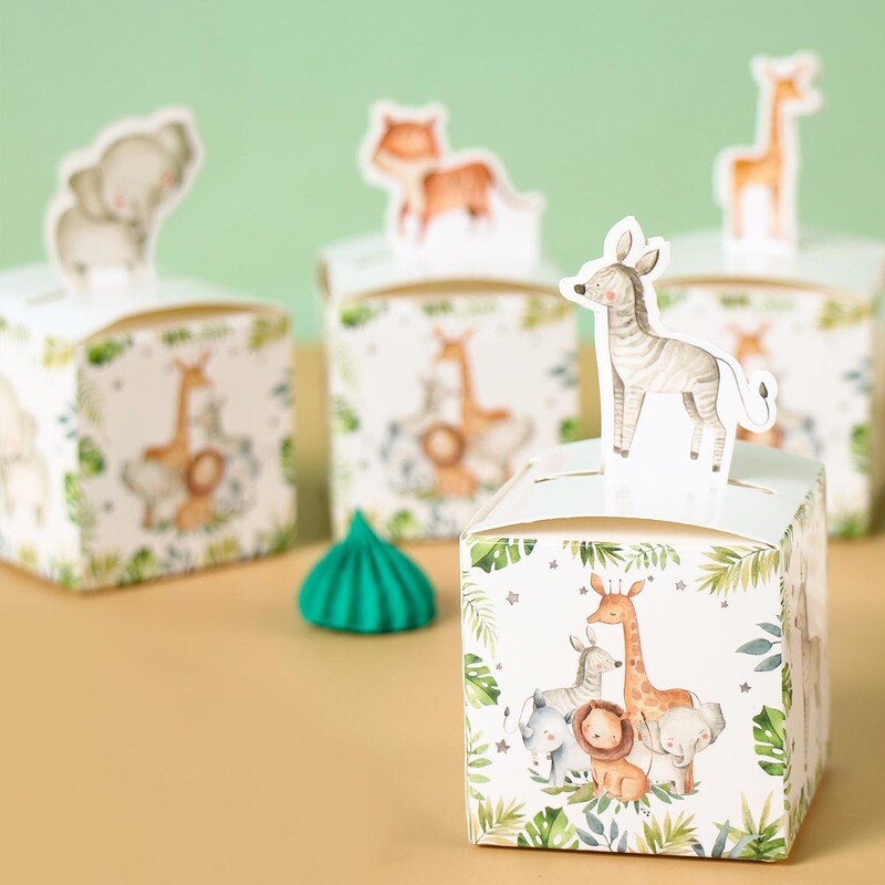 24 de bucăți Jungle Safari Animale Cutii de bomboane Decoratiuni pentru petrecerea de aniversare Cutie de ambalaj pentru cadouri pentru copii Wild One Cutie de cadouri pentru Baby Shower Geanta
