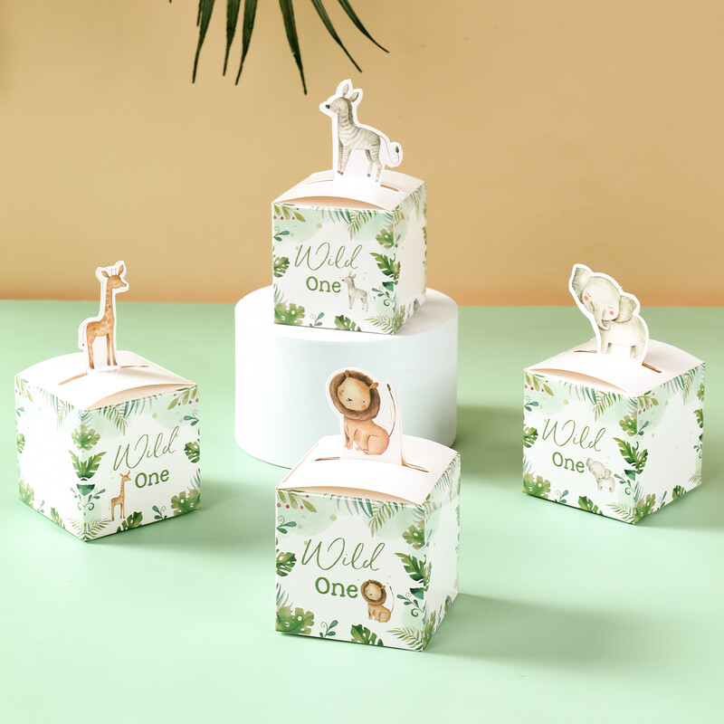 24 de bucăți Jungle Safari Animale Cutii de bomboane Decoratiuni pentru petrecerea de aniversare Cutie de ambalaj pentru cadouri pentru copii Wild One Cutie de cadouri pentru Baby Shower Geanta