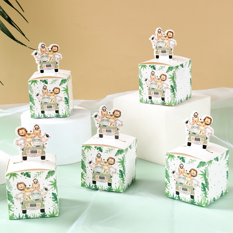 24 de bucăți Jungle Safari Animale Cutii de bomboane Decoratiuni pentru petrecerea de aniversare Cutie de ambalaj pentru cadouri pentru copii Wild One Cutie de cadouri pentru Baby Shower Geanta
