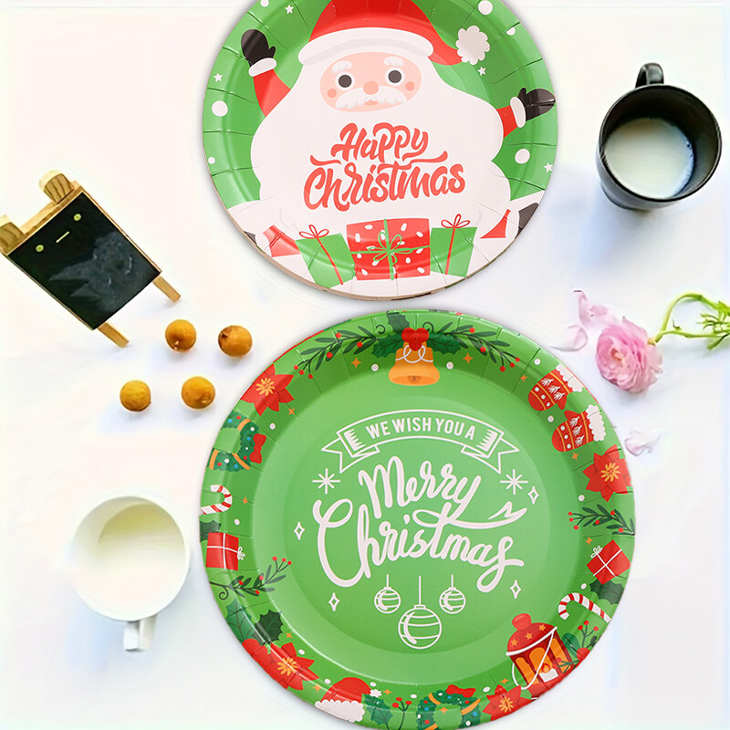 10 bucăți decorațiuni pentru petrecerea de Crăciun, desen animat, farfurie de hârtie de Crăciun, farfurie de unică folosință, farfurie de Moș Crăciun, veselă pentru petrecere