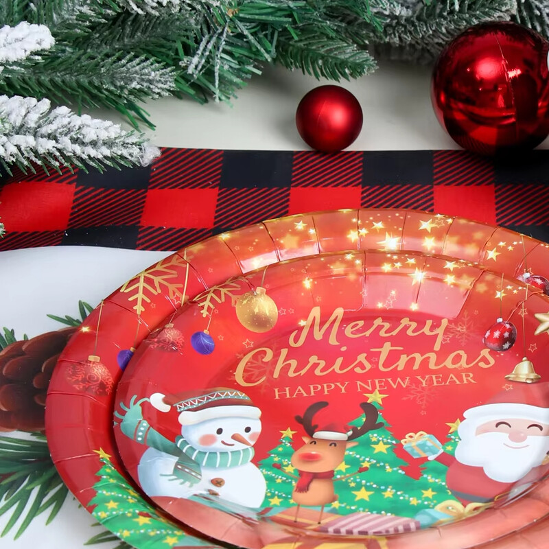 20/40 buc Veselă de unică folosință de Crăciun Moș Crăciun Elk Farfurii din hârtie Tort Tavă Desert Home Decor pentru petreceri Rechizite pentru Anul Nou2025