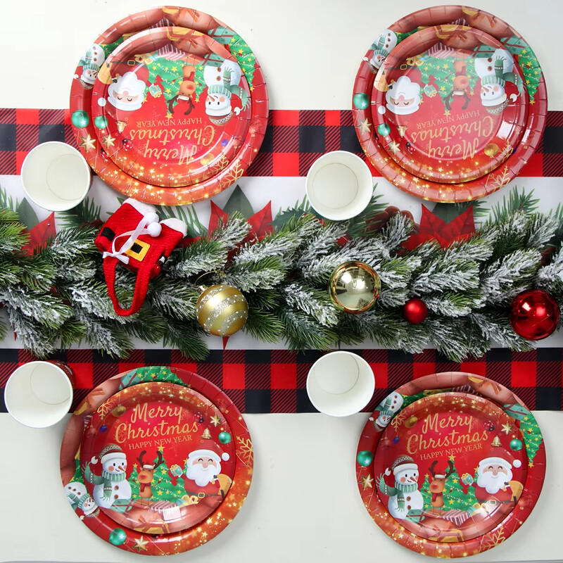 20/40 buc Veselă de unică folosință de Crăciun Moș Crăciun Elk Farfurii din hârtie Tort Tavă Desert Home Decor pentru petreceri Rechizite pentru Anul Nou2025