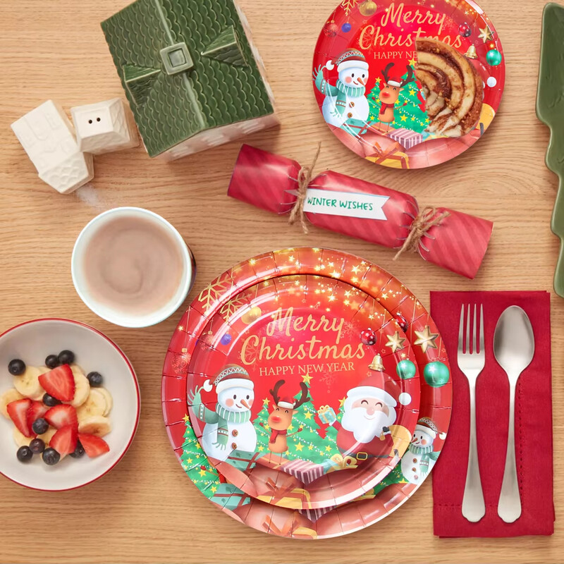 20/40 buc Veselă de unică folosință de Crăciun Moș Crăciun Elk Farfurii din hârtie Tort Tavă Desert Home Decor pentru petreceri Rechizite pentru Anul Nou2025