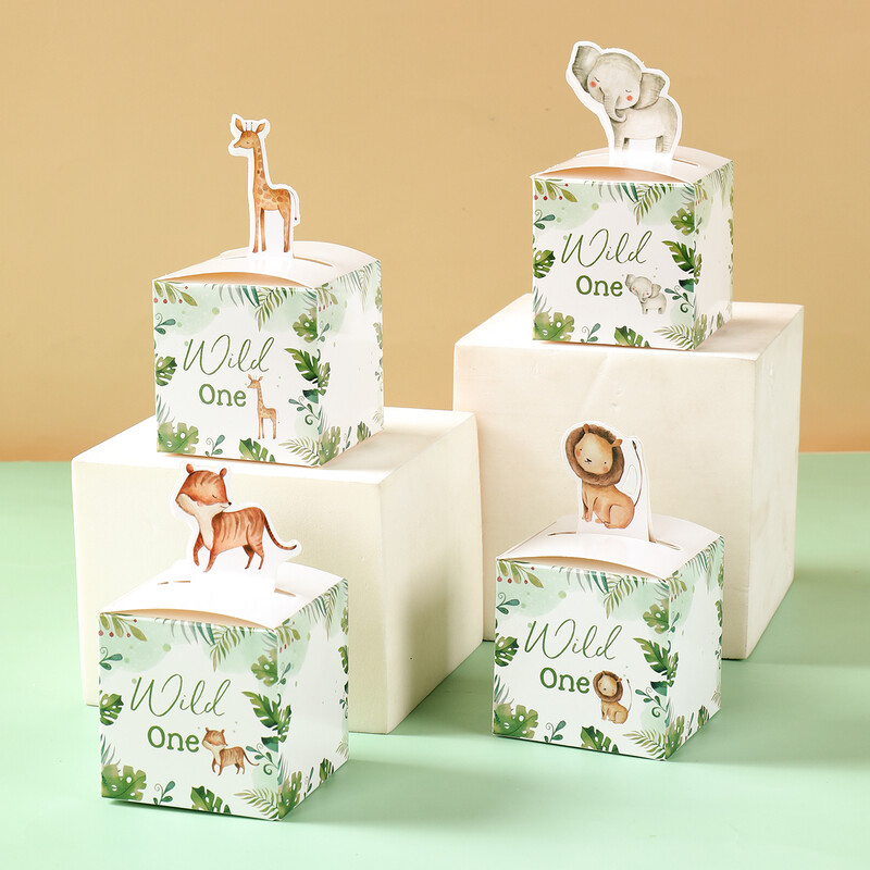 24 buc. Cutii de bomboane pentru animale din pădure Wild One Jungle Safari Decor pentru petrecerea de naștere Cutie de ambalaj pentru cadou pentru copii, consumabile pentru baby shower