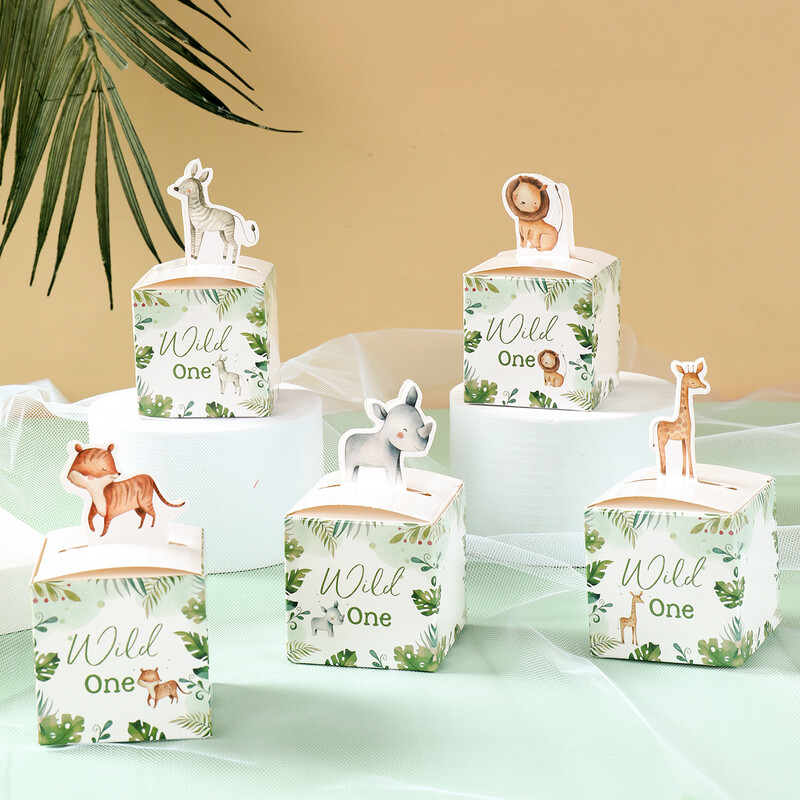 24 buc. Cutii de bomboane pentru animale din pădure Wild One Jungle Safari Decor pentru petrecerea de naștere Cutie de ambalaj pentru cadou pentru copii, consumabile pentru baby shower