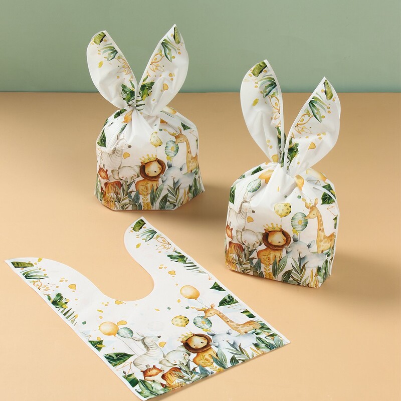 Jungle Animal ureche de iepure geantă cadou bomboane biscuiți sac de ambalare pentru petrecere la mulți ani, pentru copii, baby shower, nuntă, pungi de cadou bricolaj