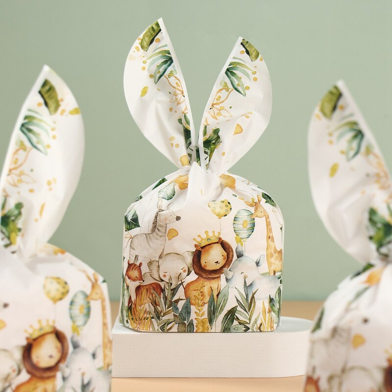 Jungle Animal ureche de iepure geantă cadou bomboane biscuiți sac de ambalare pentru petrecere la mulți ani, pentru copii, baby shower, nuntă, pungi de cadou bricolaj