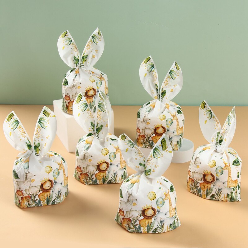 Jungle Animal ureche de iepure geantă cadou bomboane biscuiți sac de ambalare pentru petrecere la mulți ani, pentru copii, baby shower, nuntă, pungi de cadou bricolaj