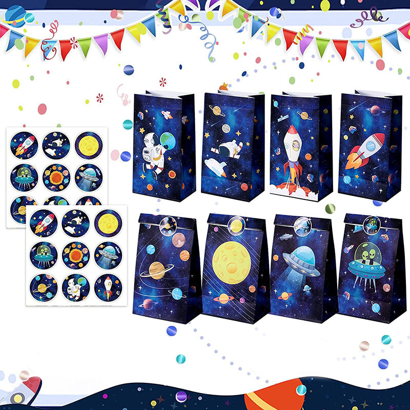 12 buc. Saci de bomboane pentru petrecere în spațiul cosmic, cu autocolante, saci de cadou pentru galaxie din hârtie, pungi pentru răsfăț pentru băieți.