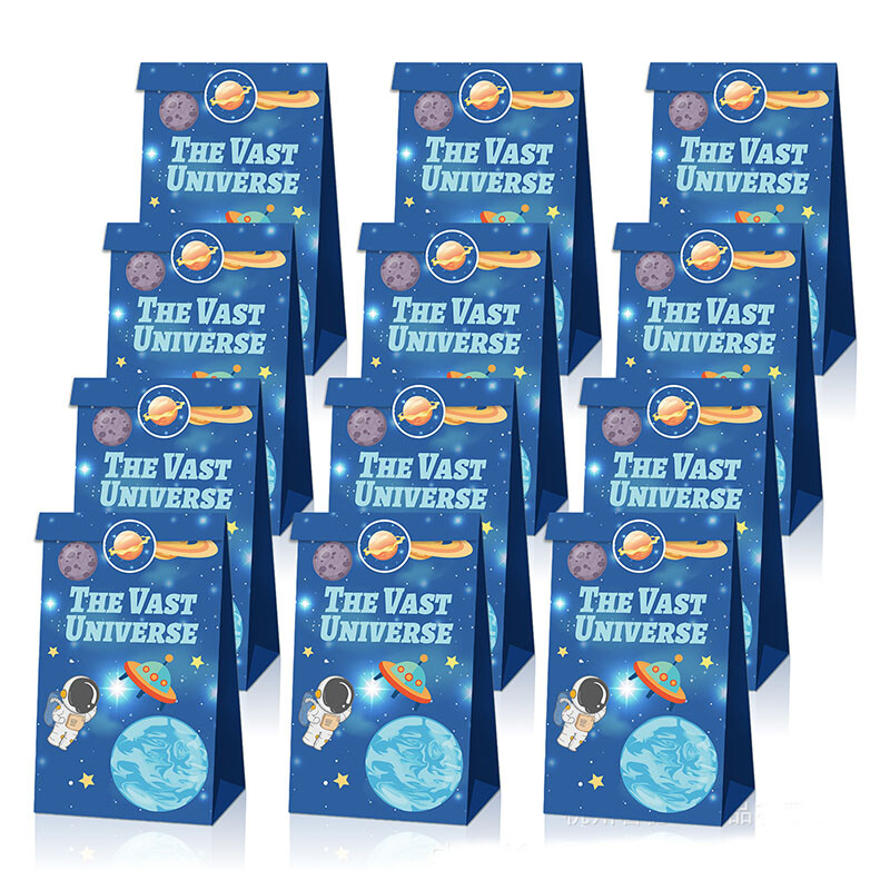 12 buc. Saci de bomboane pentru petrecere în spațiul cosmic, cu autocolante, saci de cadou pentru galaxie din hârtie, pungi pentru răsfăț pentru băieți.