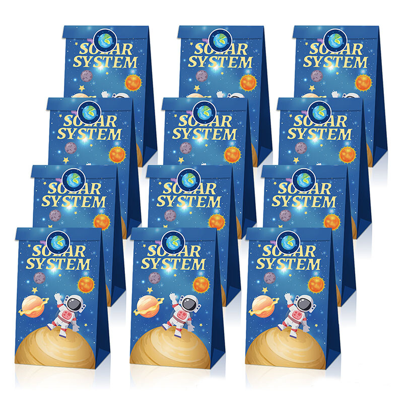 12 buc. Saci de bomboane pentru petrecere în spațiul cosmic, cu autocolante, saci de cadou pentru galaxie din hârtie, pungi pentru răsfăț pentru băieți.