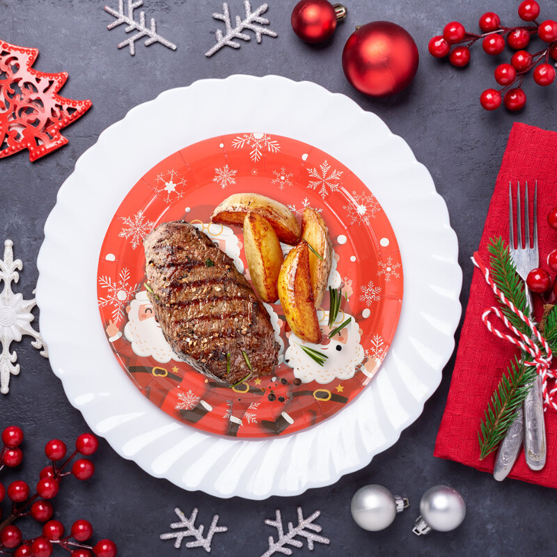 16 bucăți farfurii de masă din hârtie pentru petrecere Desert de Crăciun Cupă de vacanță Tort Fulg de nea Servire Decoratiuni de masă roșii Om de zăpadă Fulgi de nea