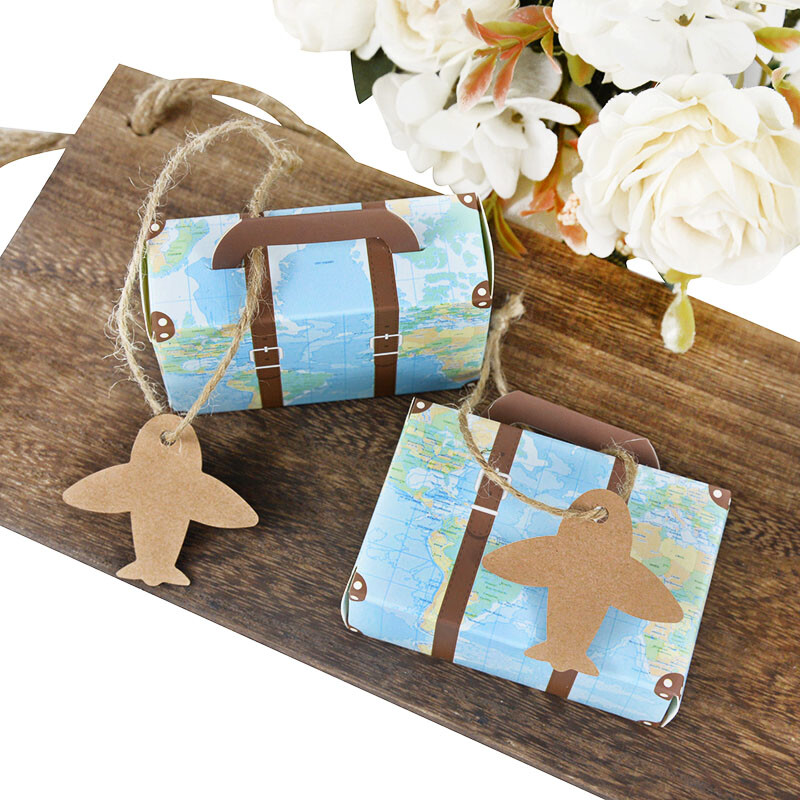 10 buc valiză de călătorie cutie de bomboane din hârtie kraft cutie de ambalaj cadou pentru ciocolată cu tematică de călătorie, nuntă, ziua de naștere, decorațiuni pentru baby shower