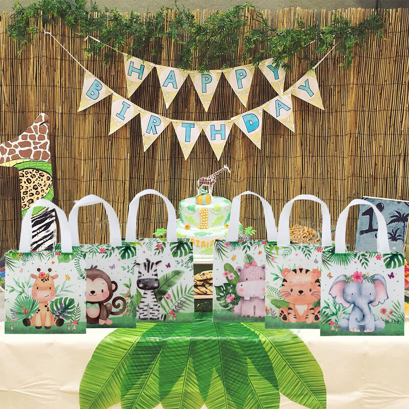 6 bucăți saci de favoruri de petrecere Safari, nețesute, pentru animale din junglă.