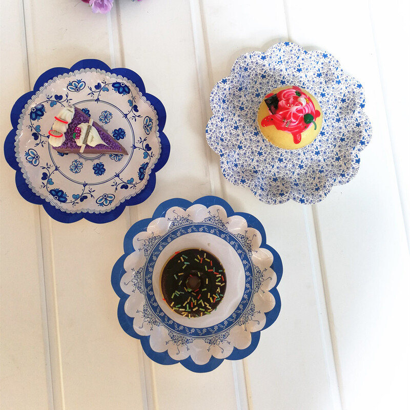 12 bucăți farfurii de prăjitură în formă de flori în stil chinezesc, farfurii decorative din hârtie de porțelan albastru și alb pentru desert pentru aperitiv Weddi